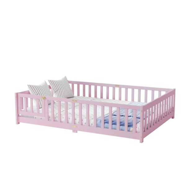 English Elm Full Size Kids Floor Bed Rubber Wood Frame with Surrounding Fence and Revolving Door W504P482177