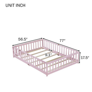 English Elm Full Size Kids Floor Bed Rubber Wood Frame with Surrounding Fence and Revolving Door W504P482177