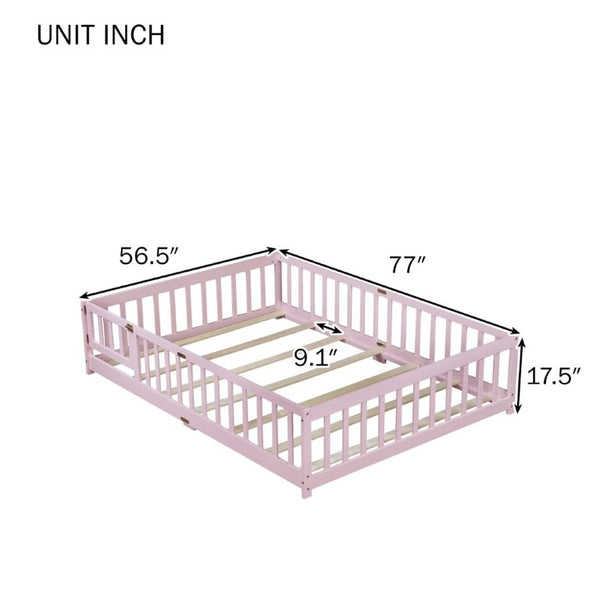 English Elm Full Size Kids Floor Bed Rubber Wood Frame with Surrounding Fence and Revolving Door W504P482177