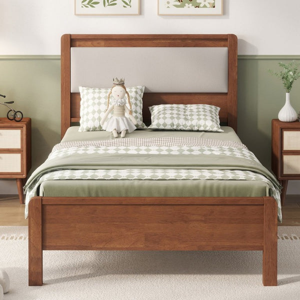 English Elm Twin XL Solid Rubberwood Bed with Upholstered Headboard and Reinforced Support Frame Twin XL Brown W504P486747