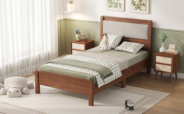 English Elm Twin XL Solid Rubberwood Bed with Upholstered Headboard and Reinforced Support Frame Twin XL Brown W504P486747