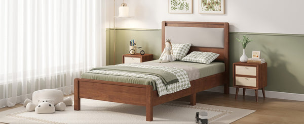 English Elm Twin XL Solid Rubberwood Bed with Upholstered Headboard and Reinforced Support Frame Twin XL Brown W504P486747