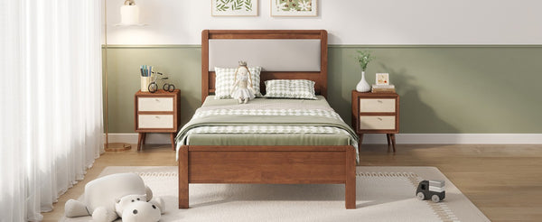 English Elm Twin XL Solid Rubberwood Bed with Upholstered Headboard and Reinforced Support Frame Twin XL Brown W504P486747