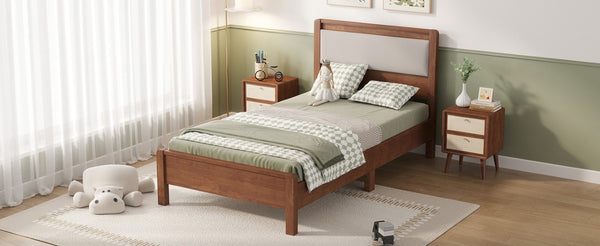 English Elm Twin XL Solid Rubberwood Bed with Upholstered Headboard and Reinforced Support Frame Twin XL Brown W504P486747