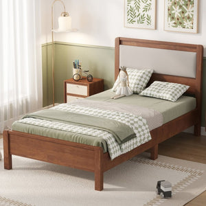 English Elm Twin XL Solid Rubberwood Bed with Upholstered Headboard and Reinforced Support Frame Twin XL Brown W504P486747