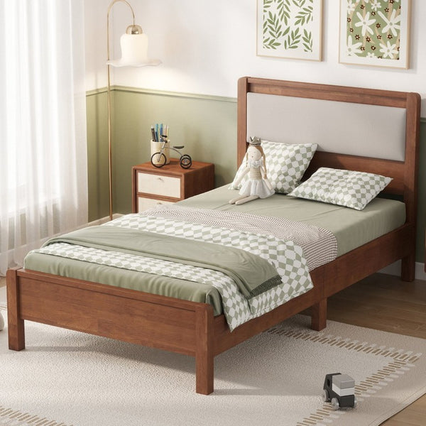 English Elm Twin XL Solid Rubberwood Bed with Upholstered Headboard and Reinforced Support Frame Twin XL Brown W504P486747