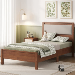 English Elm Twin XL Solid Rubberwood Bed with Upholstered Headboard and Reinforced Support Frame Twin XL Brown W504P486747