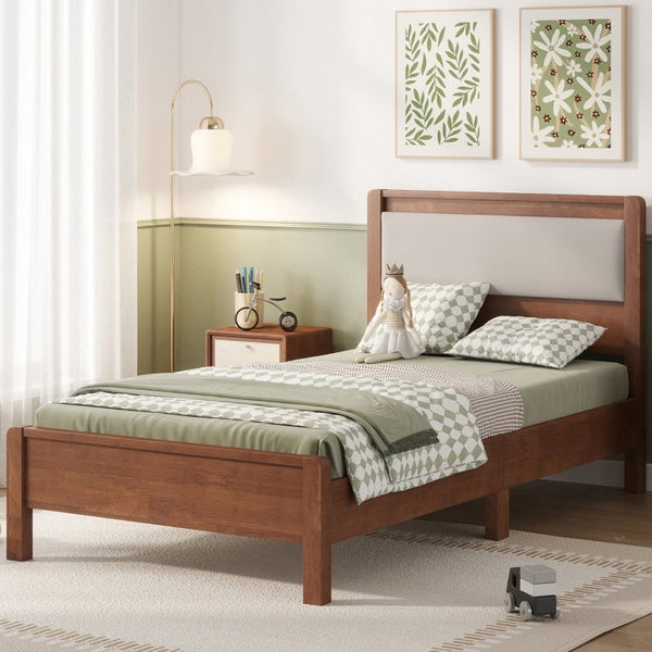 English Elm Twin XL Solid Rubberwood Bed with Upholstered Headboard and Reinforced Support Frame Twin XL Brown W504P486747