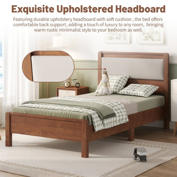 English Elm Twin XL Solid Rubberwood Bed with Upholstered Headboard and Reinforced Support Frame Twin XL Brown W504P486747