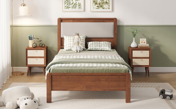 English Elm Twin XL Solid Rubberwood Bed with Upholstered Headboard and Reinforced Support Frame Twin XL Brown W504P486747