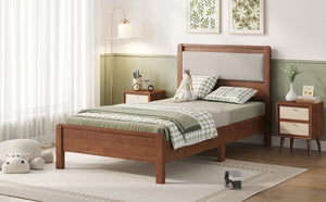 English Elm Twin XL Solid Rubberwood Bed with Upholstered Headboard and Reinforced Support Frame Twin XL Brown W504P486747