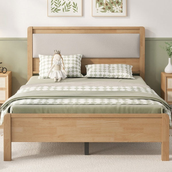 English Elm Twin XL Solid Rubberwood Bed with Upholstered Headboard and Reinforced Support Frame Full Natural W504P486751