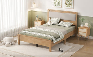 English Elm Twin XL Solid Rubberwood Bed with Upholstered Headboard and Reinforced Support Frame Full Natural W504P486751