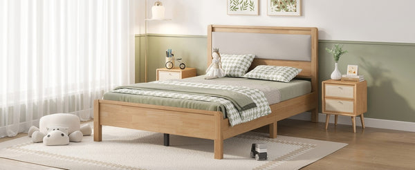 English Elm Twin XL Solid Rubberwood Bed with Upholstered Headboard and Reinforced Support Frame Full Natural W504P486751