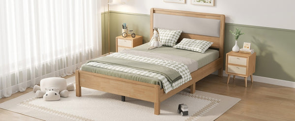 English Elm Twin XL Solid Rubberwood Bed with Upholstered Headboard and Reinforced Support Frame Full Natural W504P486751