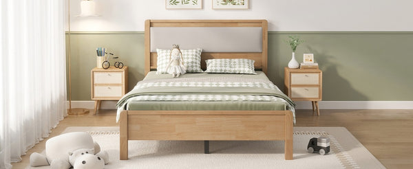 English Elm Twin XL Solid Rubberwood Bed with Upholstered Headboard and Reinforced Support Frame Full Natural W504P486751