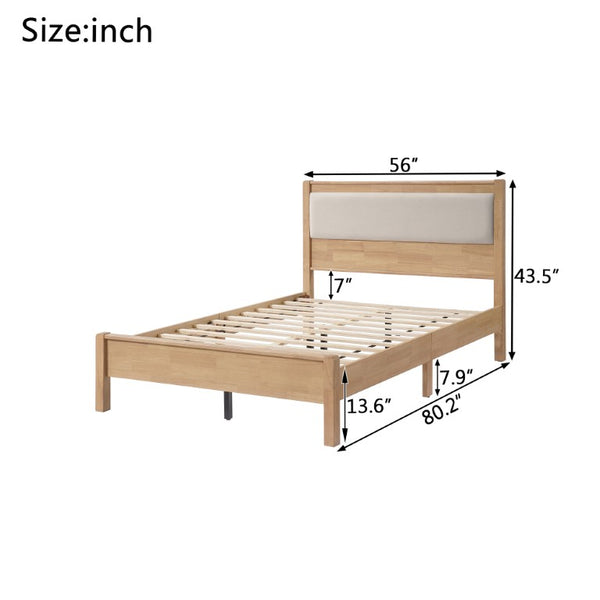 English Elm Twin XL Solid Rubberwood Bed with Upholstered Headboard and Reinforced Support Frame Full Natural W504P486751