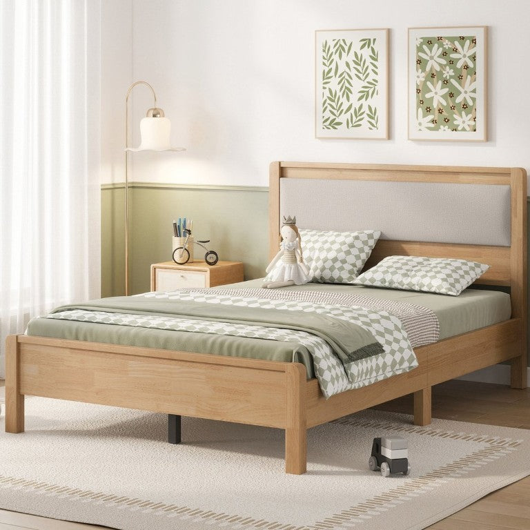 English Elm Twin XL Solid Rubberwood Bed with Upholstered Headboard and Reinforced Support Frame Full Natural W504P486751