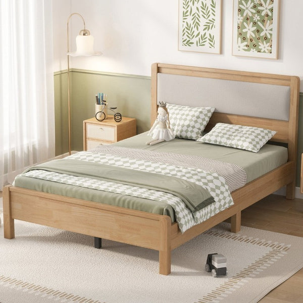 English Elm Twin XL Solid Rubberwood Bed with Upholstered Headboard and Reinforced Support Frame Full Natural W504P486751