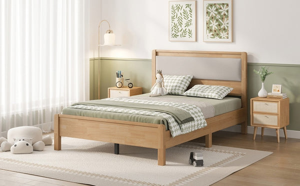 English Elm Twin XL Solid Rubberwood Bed with Upholstered Headboard and Reinforced Support Frame Full Natural W504P486751