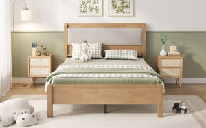 English Elm Twin XL Solid Rubberwood Bed with Upholstered Headboard and Reinforced Support Frame Full Natural W504P486751