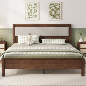 English Elm Queen Solid Rubberwood Platform Bed Upholstered Headboard 500 Lb Reinforced Frame Walnut 86.1 L x 62.3 W x 43.5 H W504P486757
