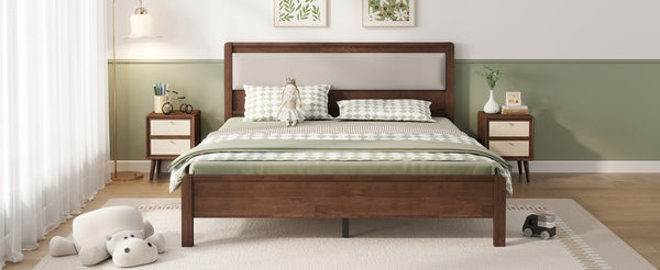 English Elm Queen Solid Rubberwood Platform Bed Upholstered Headboard 500 Lb Reinforced Frame Walnut 86.1 L x 62.3 W x 43.5 H W504P486757