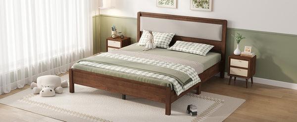 English Elm Queen Solid Rubberwood Platform Bed Upholstered Headboard 500 Lb Reinforced Frame Walnut 86.1 L x 62.3 W x 43.5 H W504P486757