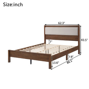 English Elm Queen Solid Rubberwood Platform Bed Upholstered Headboard 500 Lb Reinforced Frame Walnut 86.1 L x 62.3 W x 43.5 H W504P486757