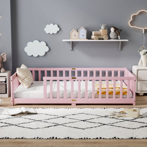 English Elm Twin Rubberwood Floor Bed with Full Perimeter Guardrails for Safe Toddler Sleep W504P494893