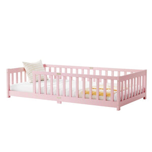 English Elm Twin Rubberwood Floor Bed with Full Perimeter Guardrails for Safe Toddler Sleep W504P494893