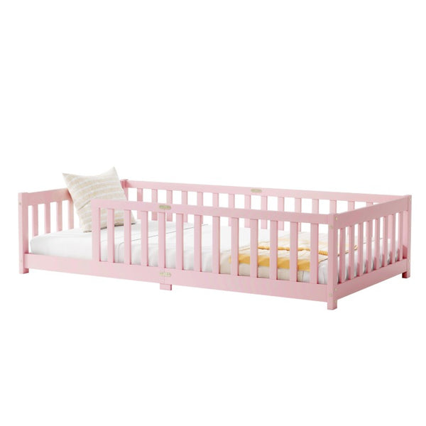 English Elm Twin Rubberwood Floor Bed with Full Perimeter Guardrails for Safe Toddler Sleep W504P494893