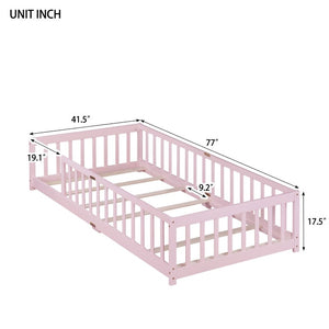English Elm Twin Rubberwood Floor Bed with Full Perimeter Guardrails for Safe Toddler Sleep W504P494893