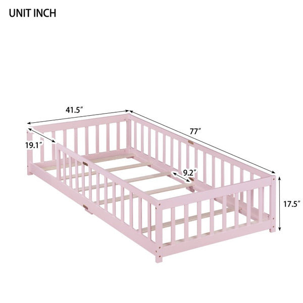 English Elm Twin Rubberwood Floor Bed with Full Perimeter Guardrails for Safe Toddler Sleep W504P494893