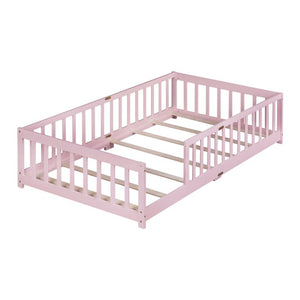 English Elm Twin Rubberwood Floor Bed with Full Perimeter Guardrails for Safe Toddler Sleep W504P494893