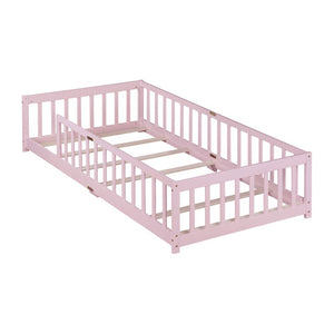English Elm Twin Rubberwood Floor Bed with Full Perimeter Guardrails for Safe Toddler Sleep W504P494893
