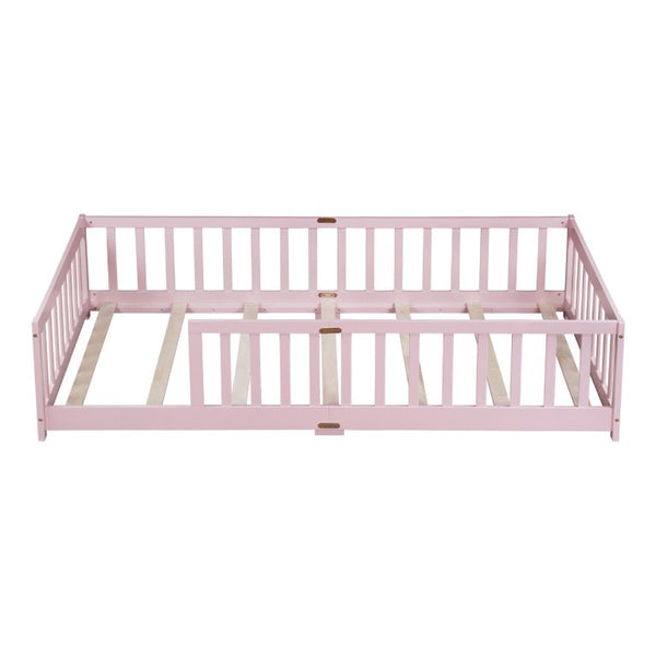 English Elm Twin Rubberwood Floor Bed with Full Perimeter Guardrails for Safe Toddler Sleep W504P494893