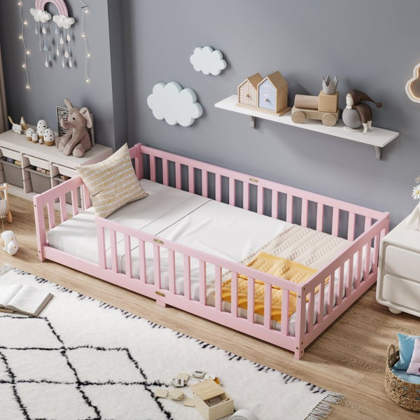 English Elm Twin Rubberwood Floor Bed with Full Perimeter Guardrails for Safe Toddler Sleep W504P494893