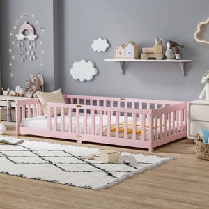 English Elm Twin Rubberwood Floor Bed with Full Perimeter Guardrails for Safe Toddler Sleep W504P494893