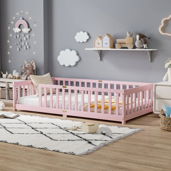English Elm Twin Rubberwood Floor Bed with Full Perimeter Guardrails for Safe Toddler Sleep W504P494893