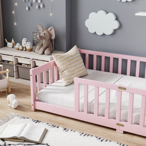 English Elm Twin Rubberwood Floor Bed with Full Perimeter Guardrails for Safe Toddler Sleep W504P494893