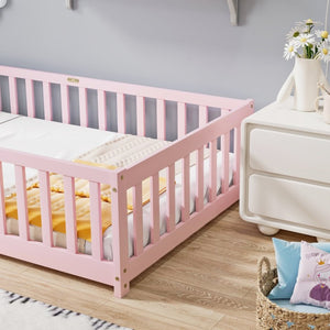 English Elm Twin Rubberwood Floor Bed with Full Perimeter Guardrails for Safe Toddler Sleep W504P494893