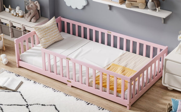 English Elm Twin Rubberwood Floor Bed with Full Perimeter Guardrails for Safe Toddler Sleep W504P494893