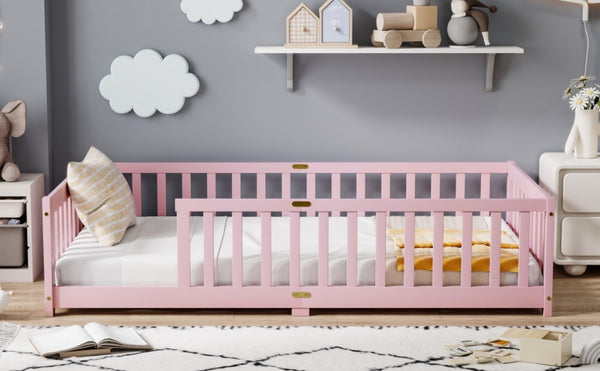 English Elm Twin Rubberwood Floor Bed with Full Perimeter Guardrails for Safe Toddler Sleep W504P494893