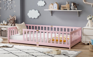 English Elm Twin Rubberwood Floor Bed with Full Perimeter Guardrails for Safe Toddler Sleep W504P494893