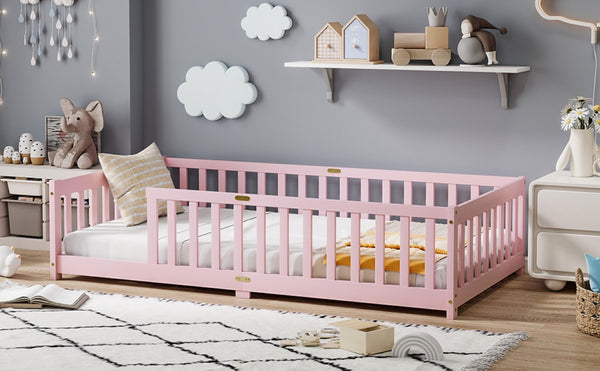 English Elm Twin Rubberwood Floor Bed with Full Perimeter Guardrails for Safe Toddler Sleep W504P494893