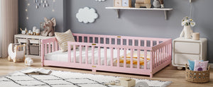 English Elm Twin Rubberwood Floor Bed with Full Perimeter Guardrails for Safe Toddler Sleep W504P494893