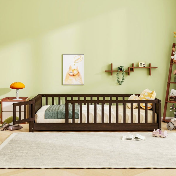 English Elm Twin Floor Bed for Kids with Rubberwood Frame Guardrail and Built-In Book Rack Espresso Twin With Door W504P499705