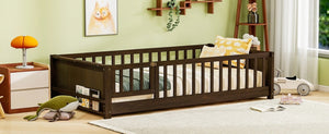 English Elm Twin Floor Bed for Kids with Rubberwood Frame Guardrail and Built-In Book Rack Espresso Twin With Door W504P499705