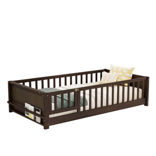 English Elm Twin Floor Bed for Kids with Rubberwood Frame Guardrail and Built-In Book Rack Espresso Twin With Door W504P499705